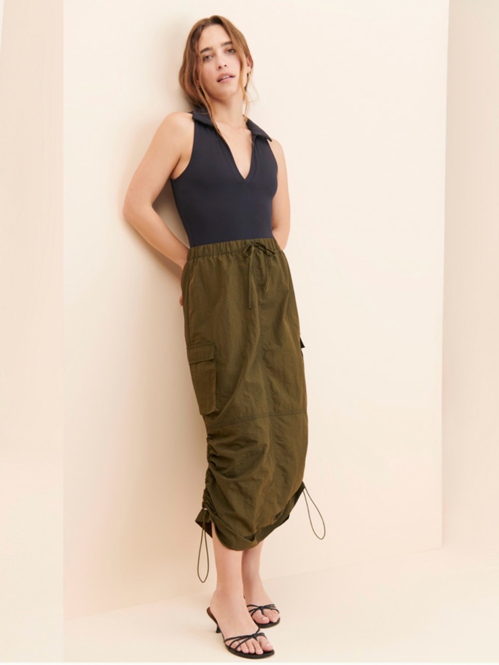 Olive Drawstring Maxi Skirt